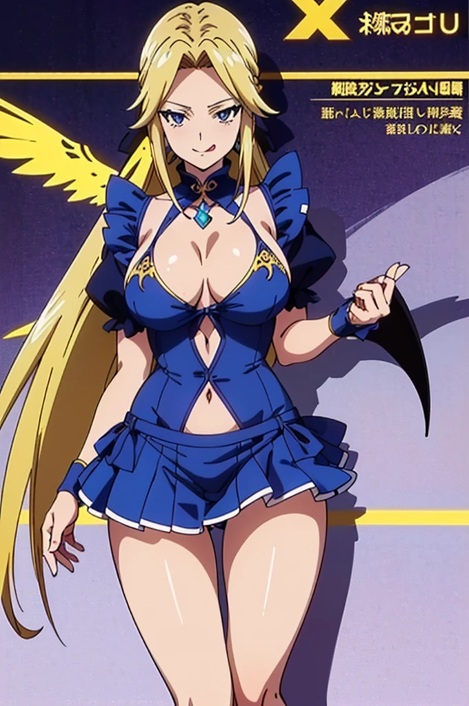 (masterpiece, best quality), 1girl, beautiful face, <lora:astraea-lora-nochekaiser:1> astraea, angel wings, blonde hair, long hair, (red eyes:1.5), wings, corset, navel, skirt, blue skirt,