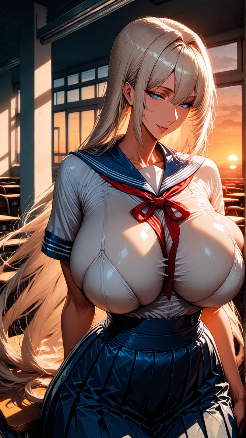 A teenage girl、(​masterpiece:1.4)、(in 8K、realisitic、Raw photo、top-quality:1.4)、(Real Face:1.4)、(real looking skin:1.3)、超A high resolution、A hyper-realistic、Eyes in Beautiful Details、Blonde curly hair、耳Nipple Ring、a sailor suit、pleatedskirt、high detailing、(huge-breasted:1.5)、gargantilha、Blushing、Embarrassed look、alluring face、On the rooftop、natta、nighttime scene