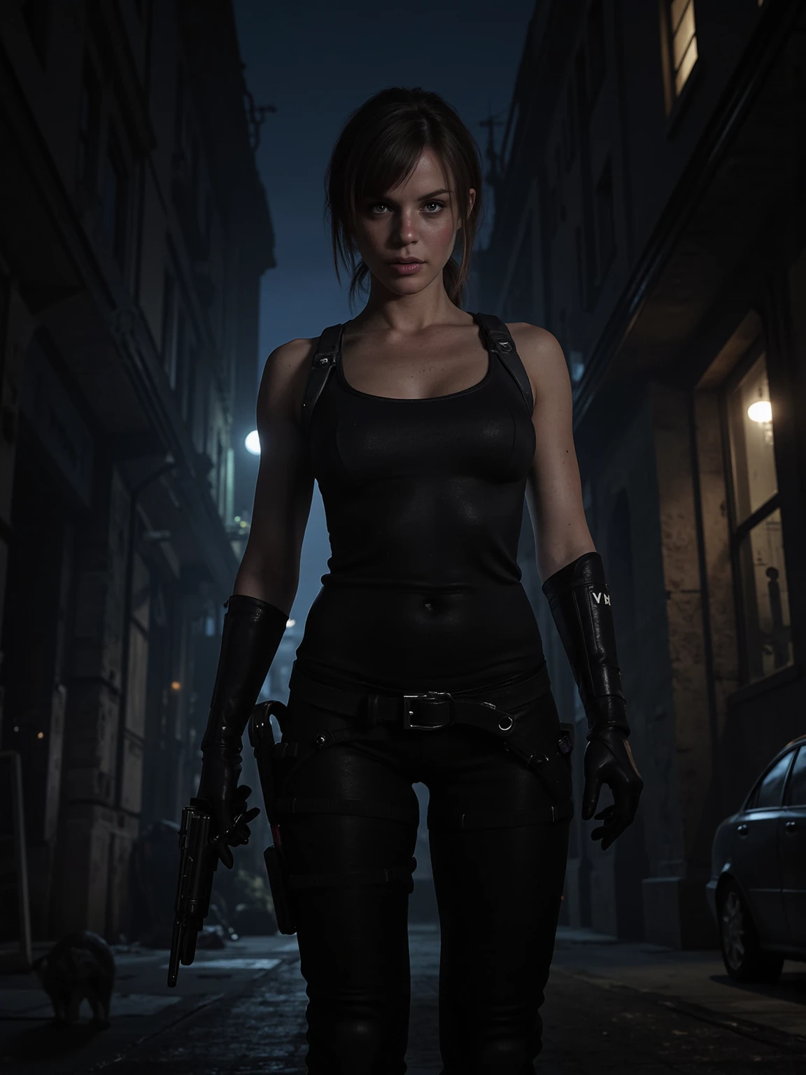 raw photo, horror movie style, dark photo, Resident Evil, close-up photo of Jill Valentine, blue top, (black tactical loadout), black tactical pants, looking at viewer, highly detailed face, thigh-high photo, standing, in the ruins of an old house, zombies roaming the street, zombie apocalypse, night, gloomy atmosphere