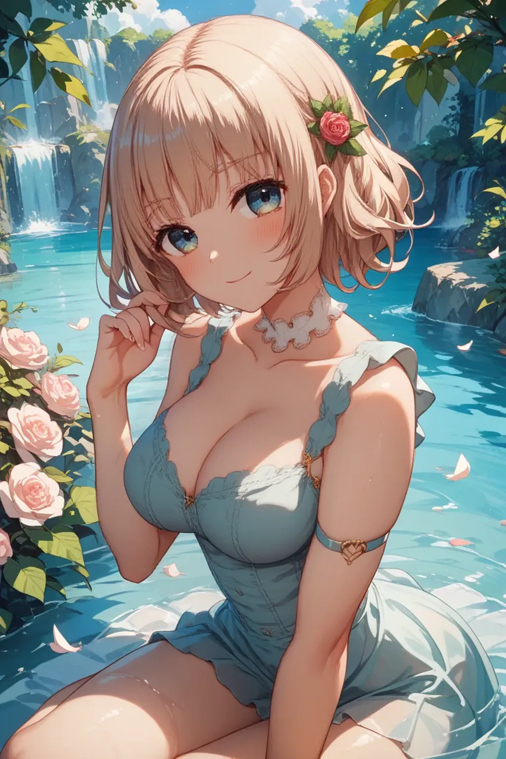 1girl, elaborate blonde updo hairstyle with bangs, almond shaped green eyes, wearing a white regency inspired dress with pastell green flower details, and flower accessories, slight makeup, rose lipgloss, smiling softly, absurdres, high res, ultrasharp, 8k, masterpiece, standing on a terrace, infront of a beautiful landscape, vibrant blue sky in the background