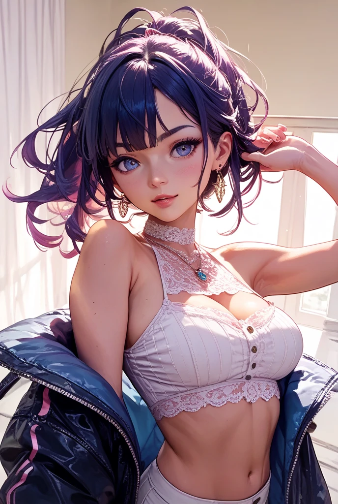Masterpiece, Realistic Manhwa Art, A Korean girl, One Girl, Looking like an idol , Blushing Hard, Pouting cutely, Looking like she's trying to get someone attention, Eighteen plus years old girl, gyaru type, hot and attractive, big oppai, tall and curvy, hair dye purple