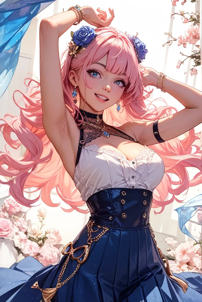 ((Moe anime art style:1.2)), (((masterpiece))), (((best quality))), ((ultra detailed)), (illustration), ((an extremely delicate and beautiful)), ((super detailed skin)), (((8K))), (((solo girl, A young-looking princess))), (18 years old), (((from behind))), (((portrait))), ((face only)), (((Super delicate and beautiful face))), ((Beautiful Lips, Delicate beautiful eyes)), (((Crying face, seductive smile))), bangs, (((Pink Hair, Fluffy ponytail, Curly Hair, Expressive hair, very voluminous long hair))), BREAK ((Pale pink taffeta material)), ((Dense lace, Long train, Lots of frills)), (((Full-length crinoline hoop skirt, Beautiful and luxurious Rococo Victorian ball gown dress))), BREAK (((gigantic breasts))), Beautiful silver tiara, A long ribbon veil with intricate embroidery, ((Flowing petals)), Particles of light pouring down, ((A large number of colorful flowers)), ((A woman stands on a hill covered with flowers)), ((backlighting:1.5)),