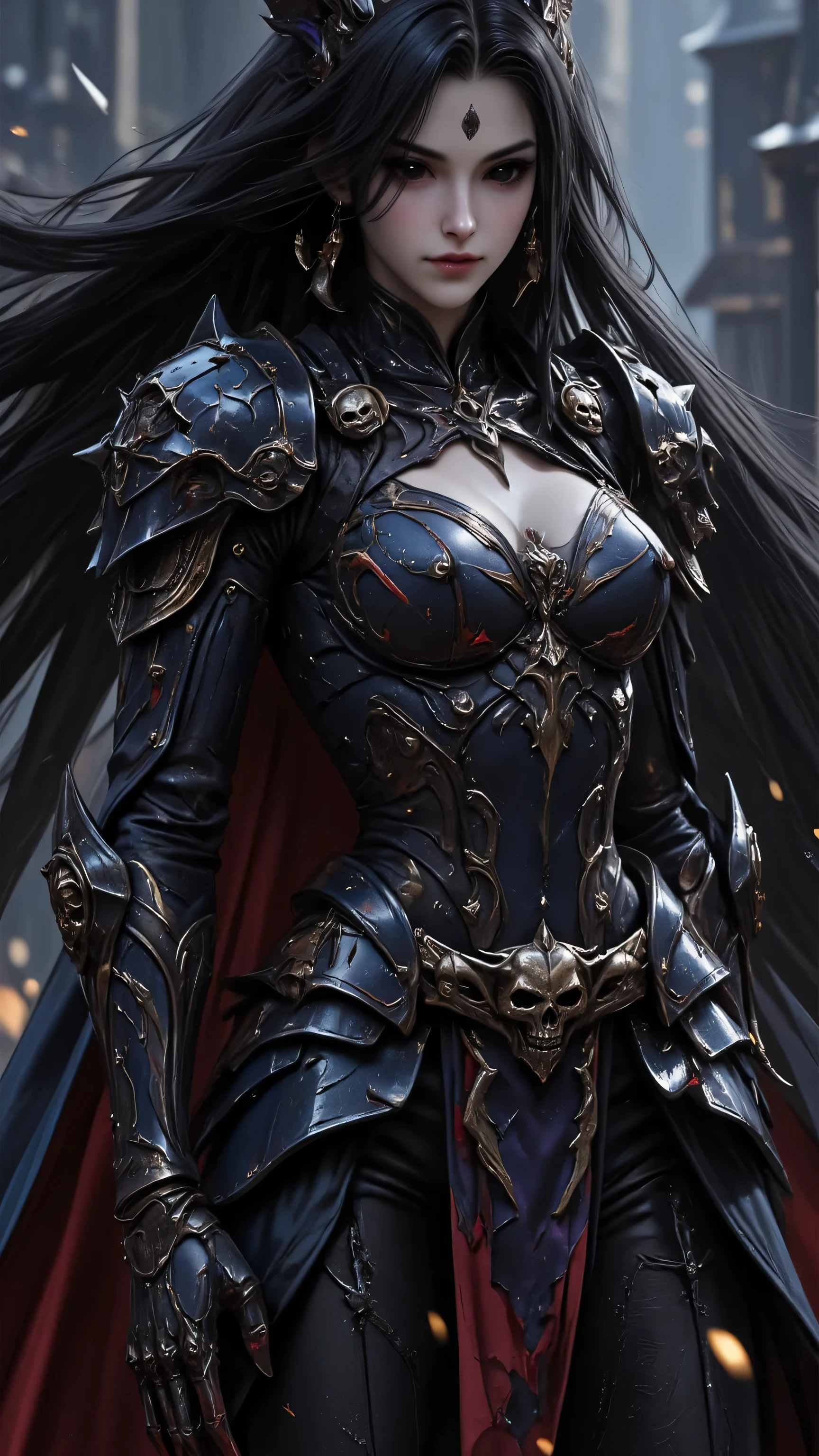 perfect proportions,masterpiece,intricate detail, Exquisite Face,Artwork, best ,high resolution, Fantasy Style ,high resolution8K CG壁紙。
Beautiful woman。 perfect appearance ,perfect physique。Tall。Pale Skin Bloodless。Floating Black Hair Flowing Like a Waterfall。Pitch black eyes, black iris,black pupil。A cold face,Cold expression。Dark tones。
Wearing a Gorgeous Delicate Dark Blue Purple Full Body Covering Armor,Armor dotted with dark red and brass details,Armor adorned with large numbers of skulls and skulls decorated with bat wings,shoulder armor with a large amount of skull decoration。Broken blood-red cape。Emphasizes the curves of her body。Emphasizes the curves of her legs。
The arms are armed with metal wolf claws,Like the paws of Wolverine,Blood-stained。
Standing in the dark、confusion、Dark City of Sin。Cloudy sky,It's raining