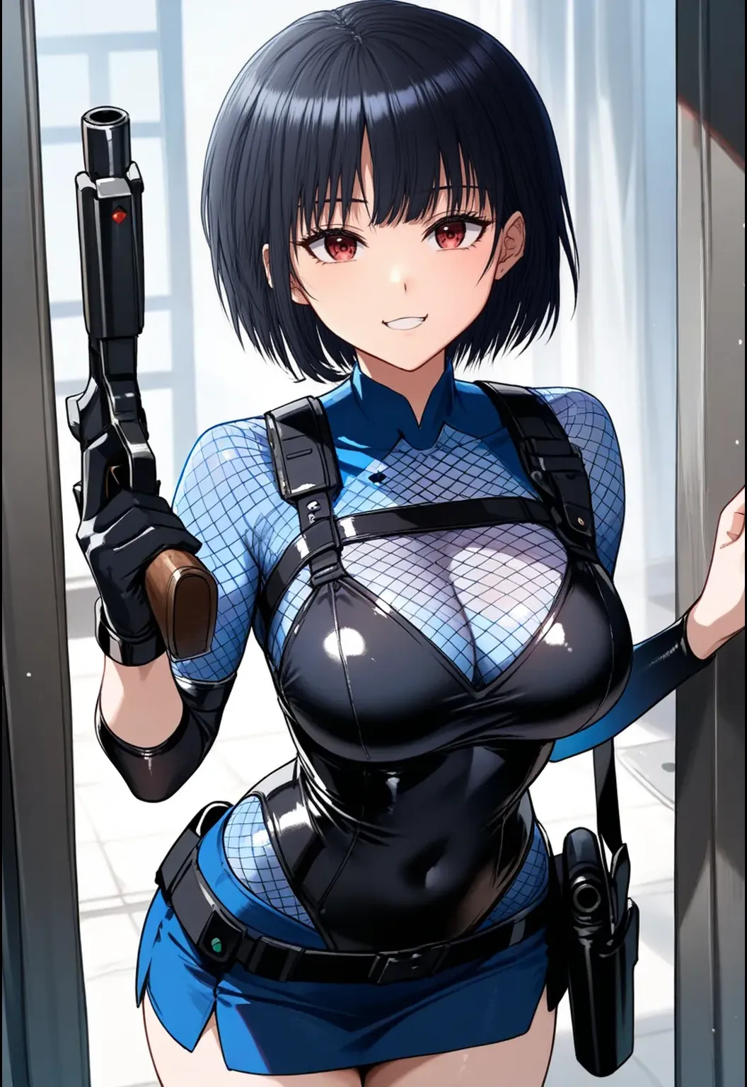 Tomboy mature and smart girls, short black hair, beautiful purple eyes, serious expression, wearing black military cloth, standing in the elevator, bring M4 assault rifle, perfect sexy body, perfect finger, perfect hand, perfect eyes, perfect legs, perfect hair, detail hair, perfect anatomy body, detailed cloth, detailed environment, real M4 weapons.