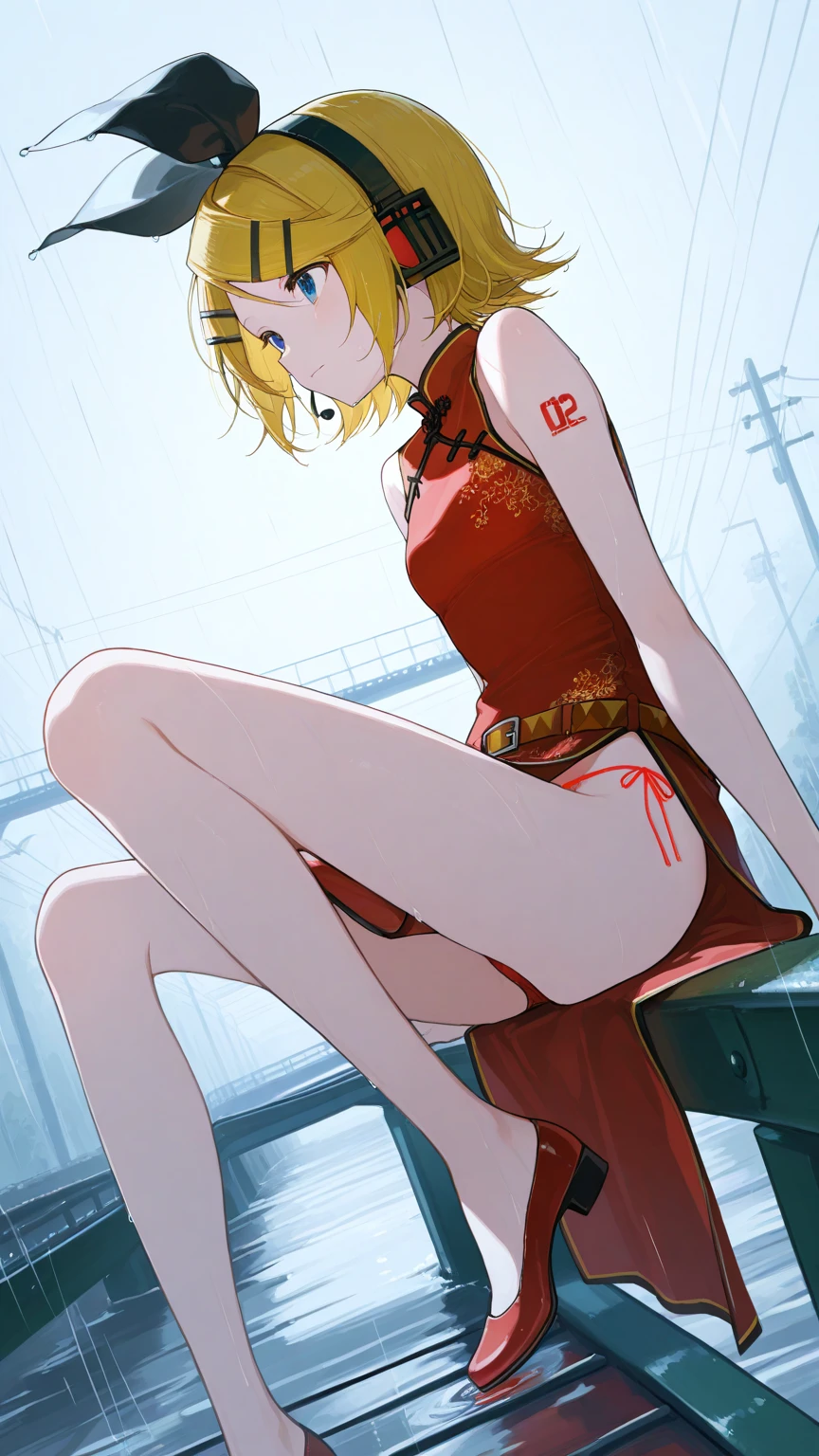 Masterpiece, best quality, Masterpiece, best quality, 1 woman, long blonde hair ,topless , กางเกงยีนส์Long legs , big breasts , abdomen , Long legs , Put your hands on your hips.... , shoe , full body , abandoned factory , at night