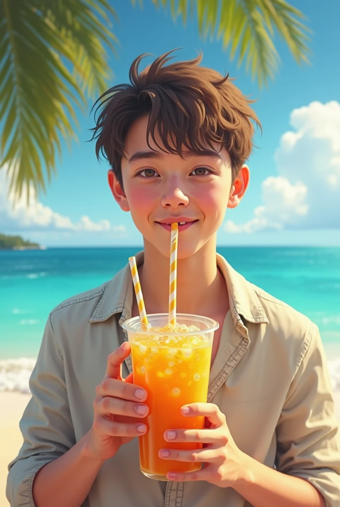 On a summer day by the sea lies a little boy,Drink drinks,sunbathe