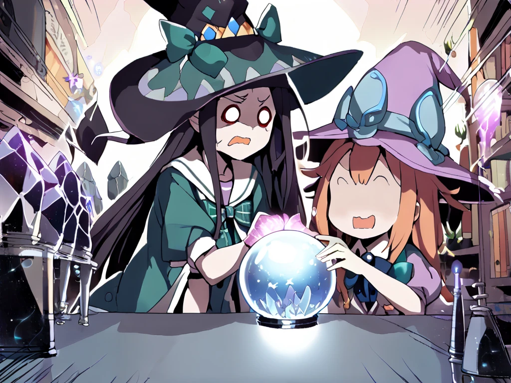 an evil beautiful witch is doing chemical experiments in an old abandoned medieval hut with black magic and a lot of alchemical test tubes, dark fantasy style, smiling, black robes, cleavage, large breasts, thighs, black dress, witch hat, wide brim witch hat, purple hair, purple eyes, glowing eyes, (((purple glowing eyes))), gorgeous