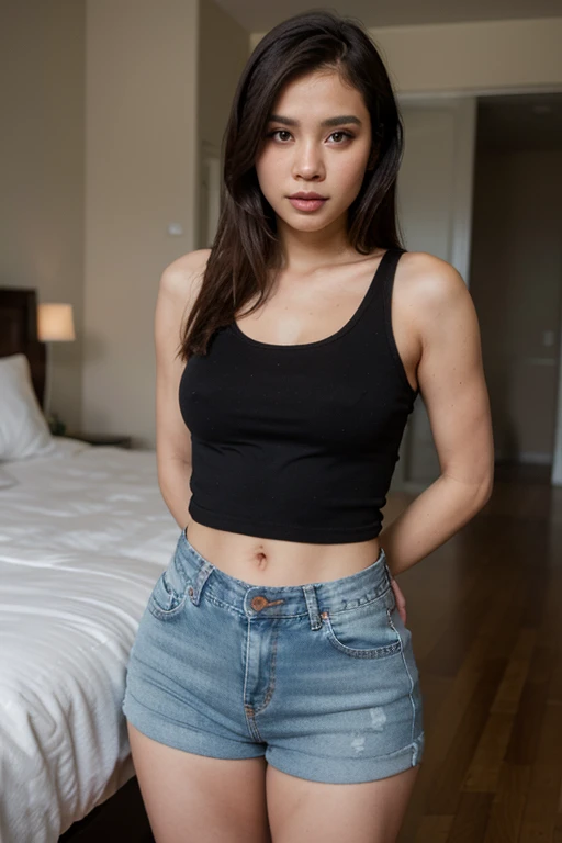 indonesian girl, tshirt, sleek hair, skinny, 18 years old, laying, bedroom, open leg, small tits, close up