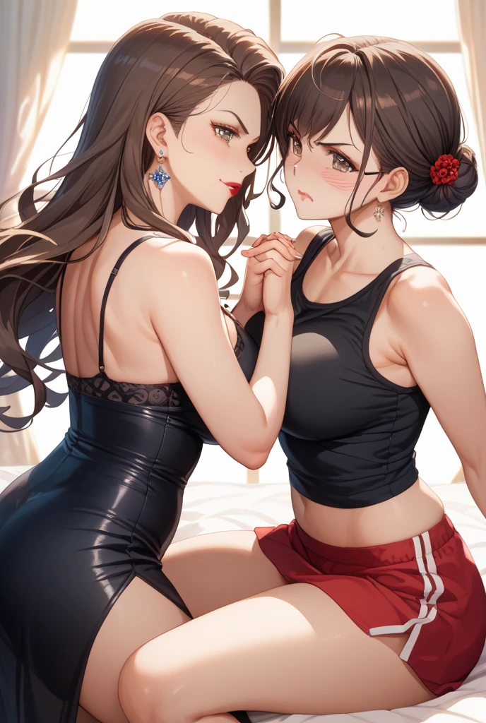 {, reddish brown hair, long hair, sexy lips, red lips, red underwear, black long boots, thick thighs}and {black short hair, low teen, girl, sports bra}, ((two women)), hugging, on bed, background in bedroom at night