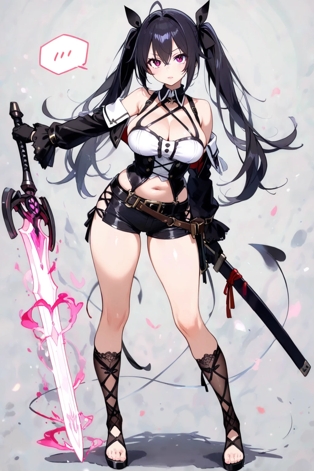 Bare shoulders,Plump breasts,tights,Holding the broken red rose in hand,long purple hair,magic circle,black stockings,Slender figure,High ponytail,short gun