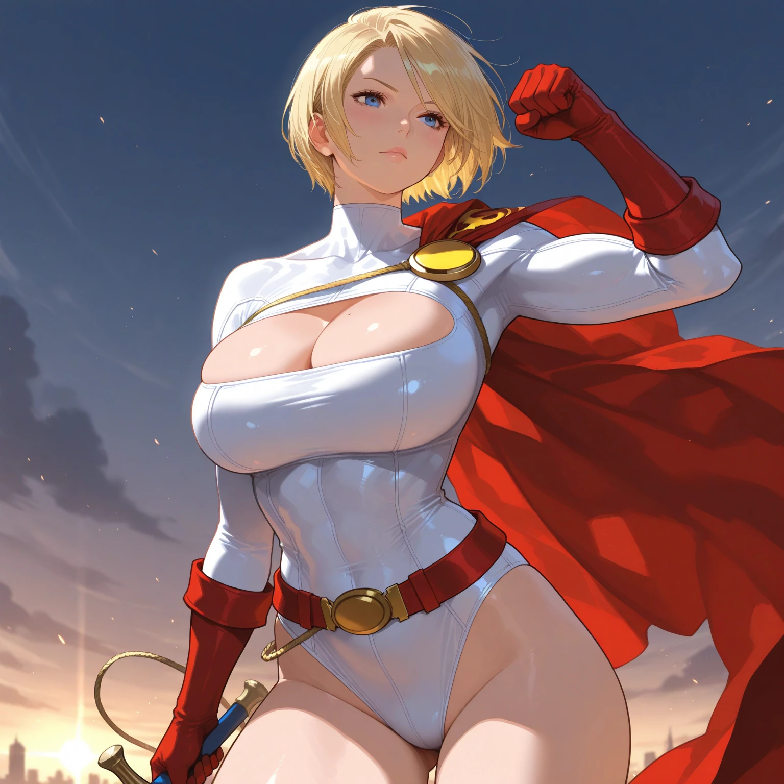 1girl, (solo:1.2)
<lora:DC - Power Girl [novowels - v1.0]:1> pwrgirl, cape, leotard, cleavage cutout, long sleeves, blue gloves, red belt, large breasts, curvy, white leotard
(cowboy shot:1.2)
BREAK <lora:Krekkov [MockAi - v1.0]:0.9> krekkov, western artstyle, (vibrant colors:1.3), sketchy lineart, (very detailed semi-traditional rendering style), exaggerated proportions
BREAK intricate details, (masterpiece:1.3), (best quality:1.3), (perfect anatomy:1.4)
BREAK, (post fight scenery:1.3), rubble, outside, daylight