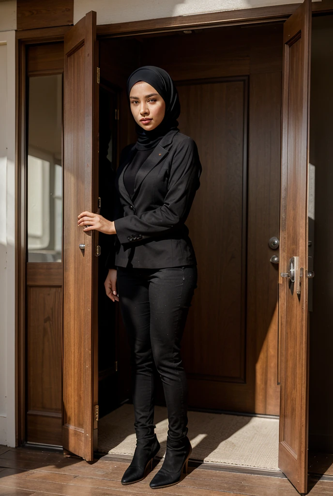 Malay woman in hijab,dressed in turtleneck shirt,dressed in black jeans,standing
