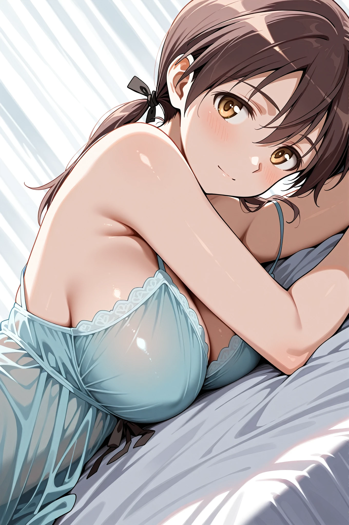((Masterpiece)), (((best quality))), hips wide open, ((blue colour eyes)), ((long brown hair)), ((shot White dress)), ((little girl)), Bored, (cute), ((chest size big)), ((blue silk robe))