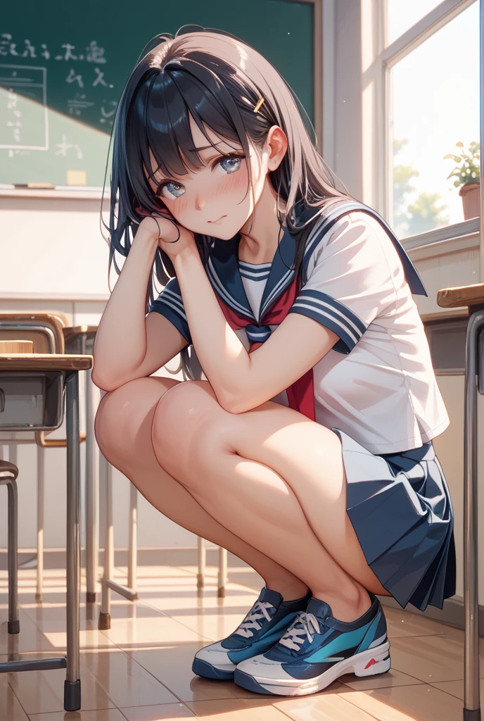 Anime girl sitting at a classroom desk with a blackboard, beautifulアニメのhigh school girl, cute anime girl, white pantiesー,cute, seductive anime girl, anime moe art style, squatbeautifulanimegirl, anime best girls, Smooth anime CG art, attractive anime girl, cotton panties,surreal , young anime girl、wear sneakers、white panties、full color、(muste piece、 best quality:1.2)、High resolution、high resolution、in 8K、🎁Live-action、Raw photo、highest quality、masterpiece、 extremely delicate、High definition raw color photo、professional photography、 wonderful face and eyes、超High resolution、Raw photo、beautiful、beautiful、beautiful girl、(solo:1.2)、 black hair、big 、blush、smile、big 、 、view audience、squat、(Crouching panty shots:1.2)、fully exposed panties、blush、shy smile、outdoor、outside of home、Obscene content、pornography、high school girl、sit with one's knees、sit with your heels on the ground、hold your knees with both hands、shins facing forward、body facing forward、sit with your heels on the ground、open legs、open crotch、white panties、8k photo、Live shooting、最high resolution、masterpiece:1.2、real、photorealistic、high contrast、photon mapping、Realism、Super detailed、professional lighting、Low - Angle:1.2)、(1 girl)、(solo:1.5)、(Height is 165 cm), (18才のhigh school girl), (Japanese high school uniform)、(summer blouse:1.2)、(plaid short skirt:1.2)、(white shirt with student ribbon:1.2)、(squatting down looking straight ahead)、(open crotch:1.2), (white panties:1.5)、(camel toe)、(white sneakers:1.2)、 (perfect proportions:1.2), (White panties are visible under the skirt:1.5), (The detailed shape of the female private parts is clearly visible:1.4), (have pubic hair:1.4), (textured skin)、I can see the cleavage、(8K、RAW photo、highest quality、masterpiece:1.2)、(realistic、Photoreal)、1 girl、from the corner of your eye1Tsu Mole、((white blouse、sailor suit、red tie、Below-the-knee length red checked pleated skirt))、(high school girl)、40 years、Skirt rolled up、gal、lots of eyelashes、glitter on eyelids、skeletally correct、thi