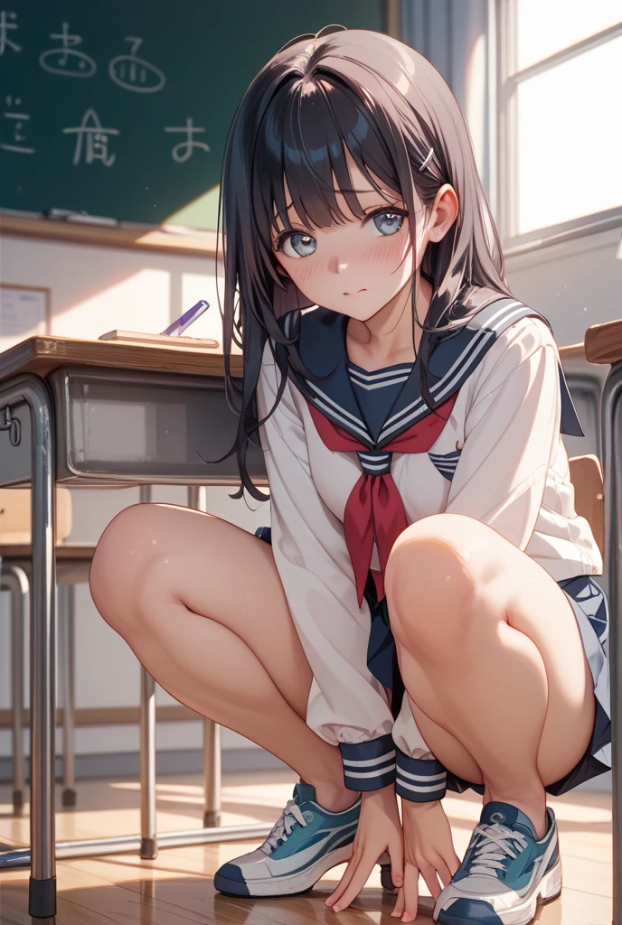 Anime girl sitting at a classroom desk with a blackboard, beautifulアニメのhigh school girl, cute anime girl, white pantiesー,cute, seductive anime girl, anime moe art style, squatbeautifulanimegirl, anime best girls, Smooth anime CG art, attractive anime girl, cotton panties,surreal , young anime girl、wear sneakers、white panties、full color、(muste piece、 best quality:1.2)、High resolution、high resolution、in 8K、🎁Live-action、Raw photo、highest quality、masterpiece、 extremely delicate、High definition raw color photo、professional photography、 wonderful face and eyes、超High resolution、Raw photo、beautiful、beautiful、beautiful girl、(solo:1.2)、 black hair、big 、blush、smile、big 、 、view audience、squat、(Crouching panty shots:1.2)、fully exposed panties、blush、shy smile、outdoor、outside of home、Obscene content、pornography、high school girl、sit with one&#39;s knees、sit with your heels on the ground、hold your knees with both hands、shins facing forward、body facing forward、sit with your heels on the ground、open legs、open crotch、white panties、8k photo、Live shooting、最high resolution、masterpiece:1.2、real、photorealistic、high contrast、photon mapping、Realism、Super detailed、professional lighting、Low - Angle:1.2)、(1 girl)、(solo:1.5)、(Height is 165 cm), (18才のhigh school girl), (Japanese high school uniform)、(summer blouse:1.2)、(plaid short skirt:1.2)、(white shirt with student ribbon:1.2)、(squatting down looking straight ahead)、(open crotch:1.2), (white panties:1.5)、(camel toe)、(white sneakers:1.2)、 (perfect proportions:1.2), (White panties are visible under the skirt:1.5), (The detailed shape of the female private parts is clearly visible:1.4), (have pubic hair:1.4), (textured skin)、I can see the cleavage、(8K、RAW photo、highest quality、masterpiece:1.2)、(realistic、Photoreal)、1 girl、from the corner of your eye１Tsu Mole、((white blouse、sailor suit、red tie、Below-the-knee length red checked pleated skirt))、（high school girl）、40 years、Skirt rolled up、gal、lots of eyelashes、glitter on eyelids、skeletally correct、thi