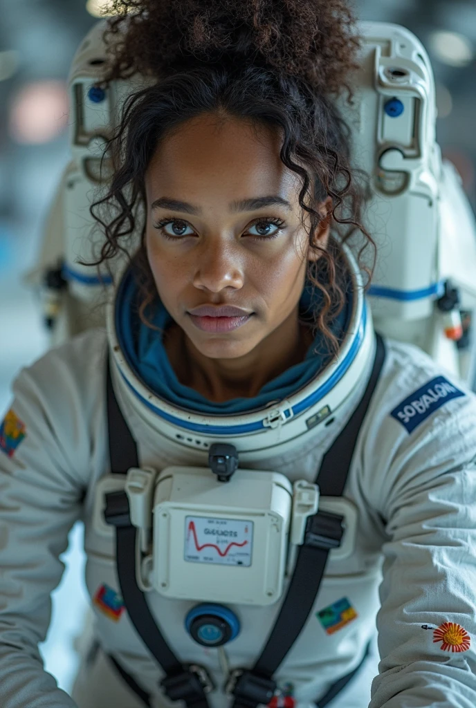 (medium full shot) of (fearless astronaut) young woman, african, dark skin, light brown eyes, petite build, brown hair, wearing a blue flight suit, space gloves,insulated boots, communication device, set in Space Station, Airlock, small chamber with heavy doors, spacesuit storage, decontamination equipment, safety harnesses, a control panel for depressurization, at night, woman laughing, jumping in the air, Masterpiece,best quality, photorealistic, amazing quality, very aesthetic, extremely detailed face,
