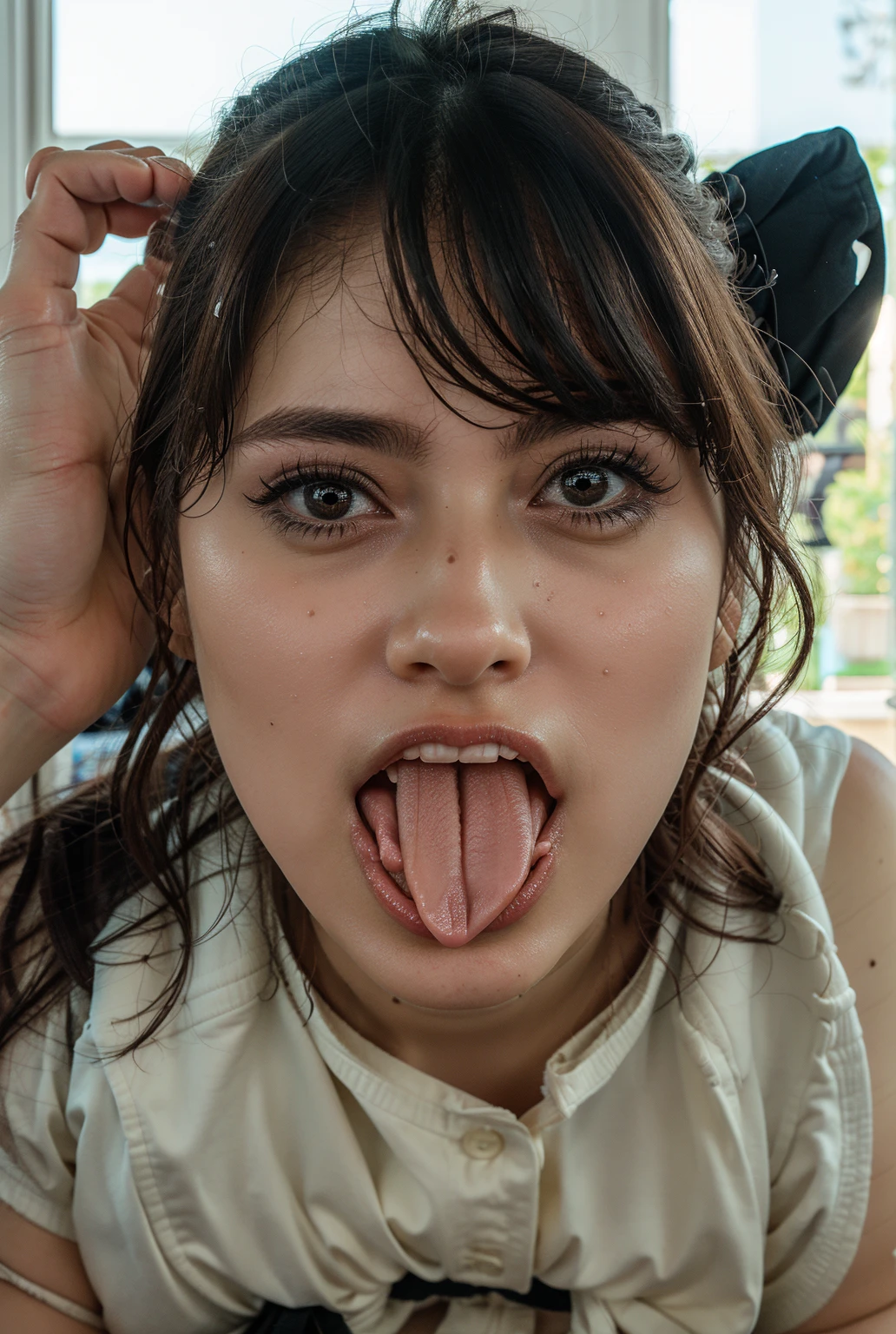 ,1 girl、Taylor Hill、1 girl、超High resolution, retina, Accurate, masterpiece, Anatomically correct, Super Detail, Textured skin, Attention to detail, high quality, High resolution, 8k、、Big double eyes、nose、The focus is on the mouth、close-up focus on face、Woman with open mouth and closed eyes、18-year-old、Black Hair、tongue out, tongue, traces of saliva, Drooling, , long tongue, Verbal invitation,  Pulling the hair back, Gray background,Half Backlight,Pilot uniform,