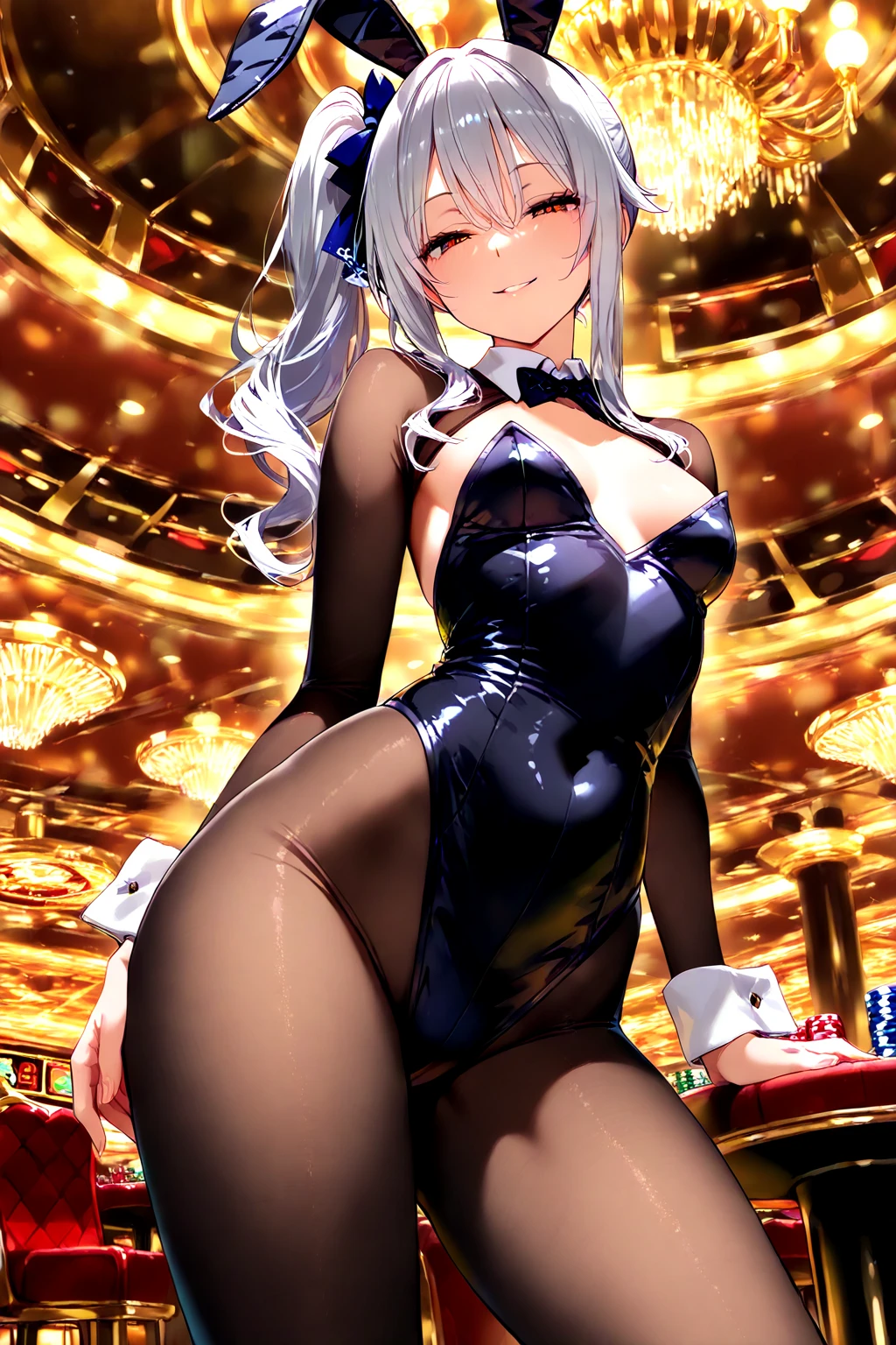 best quality, amazing quality, very aesthetic, absurdres, NSFW, 1girl, chise (blue archive), blue archive, (red eyes), (artist official art:1.5), (realistic face, half closed eyes), (multicolored red horns:1.5), (reverse bunnysuit, reverse outfit, shiny rabbit ears headband, detached collar, bowtie, pink pasties, ???????, tight sleeves, (black) puffy long sleeves: 1.2), casino, lying on her side, raise leg, spread legs), (cowboy shot), (game cg:1.3), from above, expressive eyes, perfect face, 4k, extremely detailed anime illustration, extremely detailed eyes, enhanced details, perfect ???????, light rays, photo background, extremely delicate body, smooth skin, feminine expression, black background, cristal clear eyes, beautiful face,