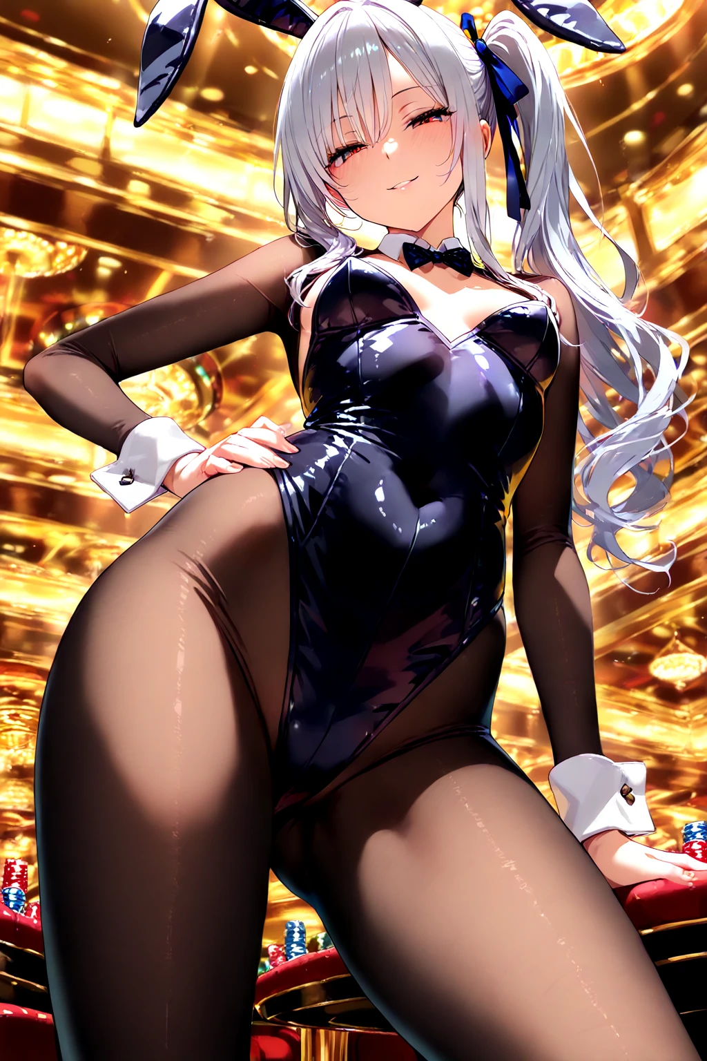 masterpiece, best quality, highres, 1girl, petite, long hair, white hair, bunny ears, black bunnysuit, pantyhose, smile, hands on hips, casino