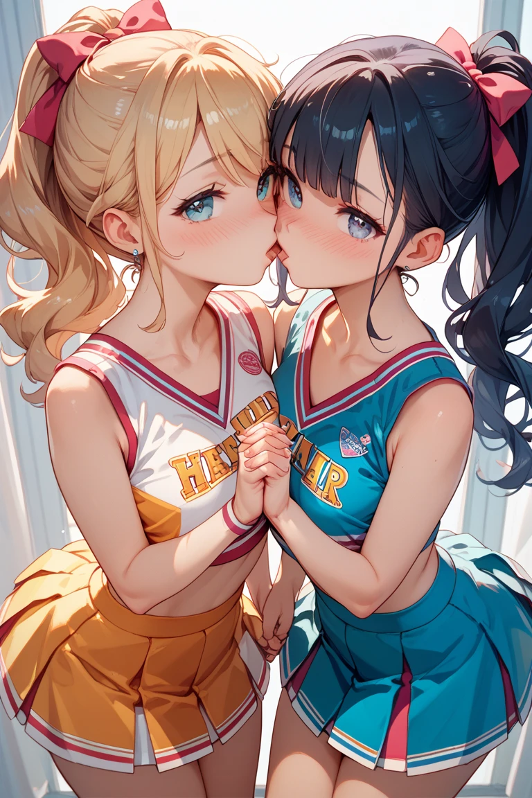 master-piece, hyper quality, hyper detailed, perfect drawing, high-resolution, two beautiful girls, cheerleader, sleeveless shirt, miniskirt, ansco, pom-pom, lovers, staring at each other, hugging each other's breasts pressed against each other, staring at each other, moist eyes, half-open lips, beautiful, blush (0.2), sensual, seduction, ecstasy, indulgence, bust up, forward light, shooting from the front diagonally below, precise drawing, detailed drawing, accurate human body structure,