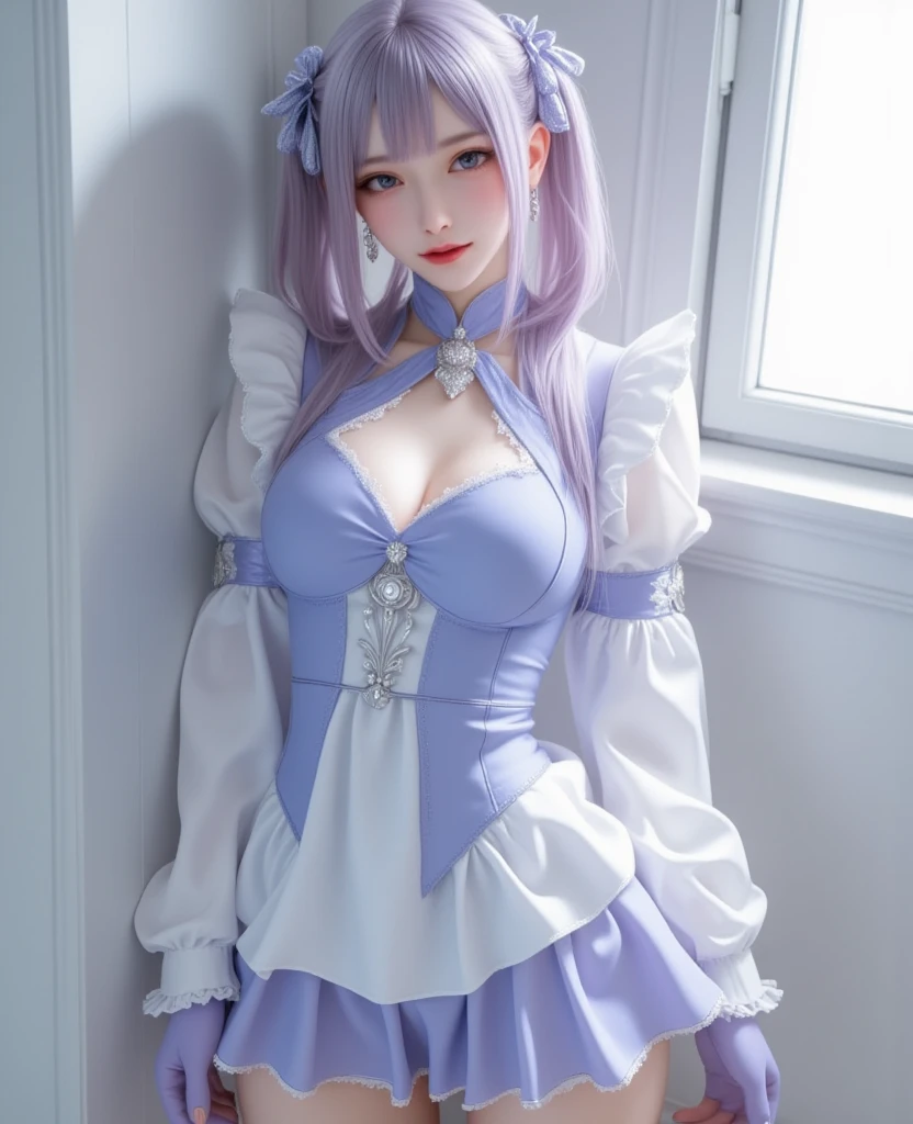 (best qualityer、Exquisite:1.2)、超高分辨率、realisticlying、forward light、The details are complex、Exquisite details、The texture is exquisite、1 mature mature girl(rosette)、Alone、、、、(年轻、、Absolutely lovely、)、face highlight、plumw、A detailed face、white skinned、Pink and purple hair、looki at viewer、largeeyes、Silk lace dress(white skirt),White suspender stockings,耳Nipple Ring、Oversized breasts、slimfigure、Deluxe Room、Professional lighting、photon maping、Radio City、physically-based renderingt、Pull up the skirt、Lift the hem of the skirt、full bodyesbian