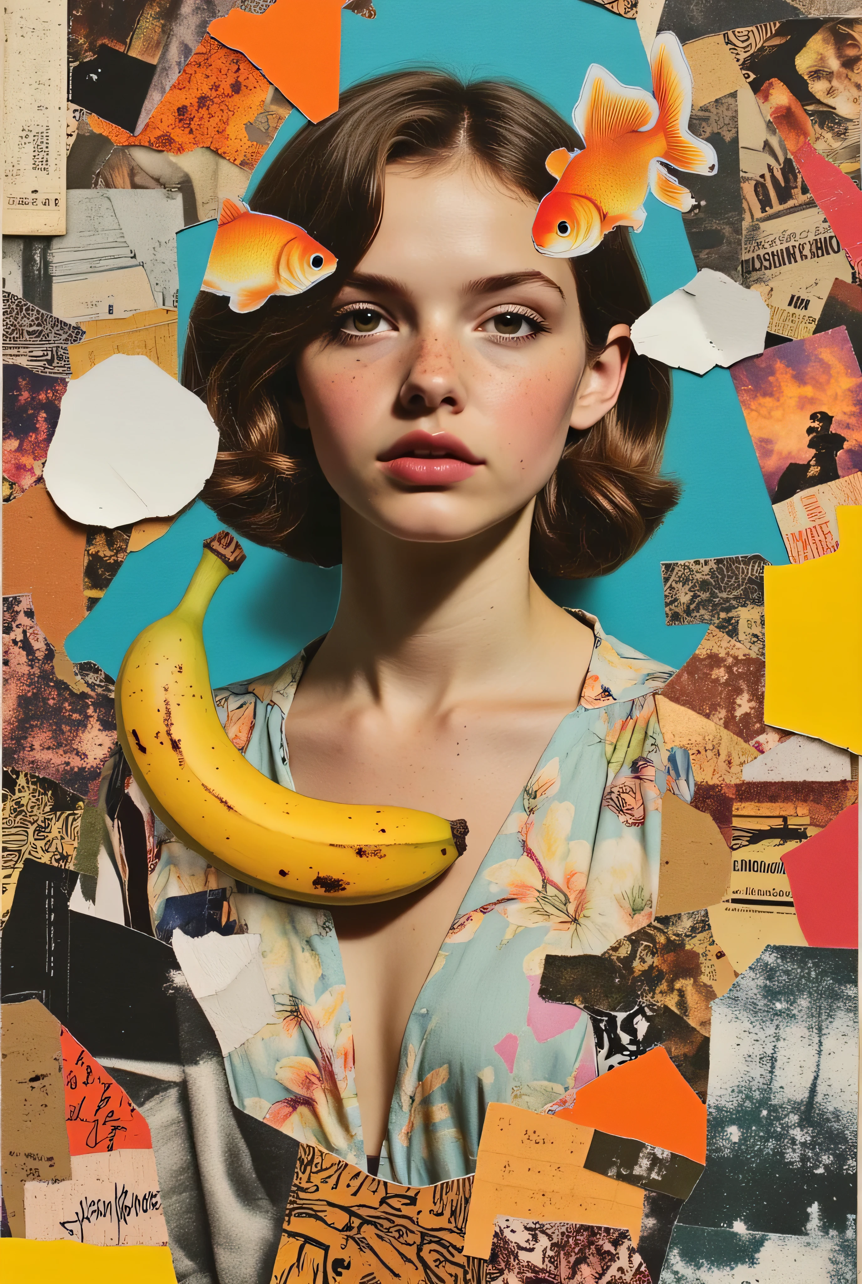 Retro Collage Revolution!magazine clippings,girl, banana, goldfish theme, VINTAGE MATERIAL,Unconventional Art,masterpiece,ultra-detailed,Photorealistic,8k,studio lighting,physically-based rendering,vivid colors, bokeh, Complex Layers and Cutouts,Faded Material,Metallic Accents,Dark,Paint texture,Grunge Texture, pop,surreal,Experimental
Khokon