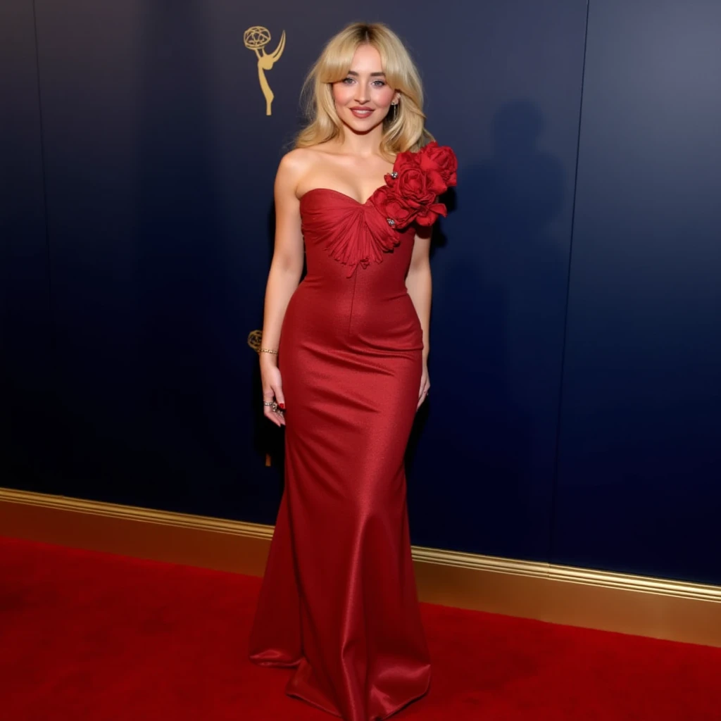 full body of Sophie Turner in a red figure hugging dress, hair tied back, high quality, high res, she is posing on the red carpet