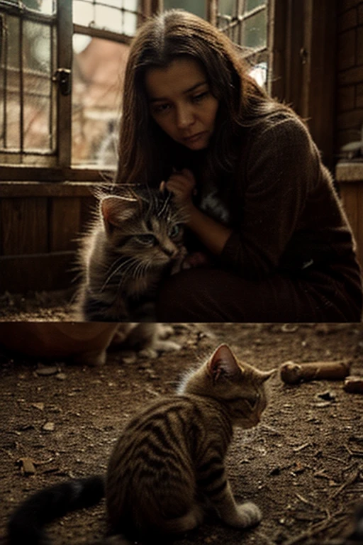 a cat scolding her kitten in a messy room, Detailed facial expressions, dramatic lighting, film composition, swirly vibrant colors, 4K, hyperrealisti, photorrealistic, oil painting, dramatic lighting, Warm Color Palette, Depth of field, high qualiy, awardwinning