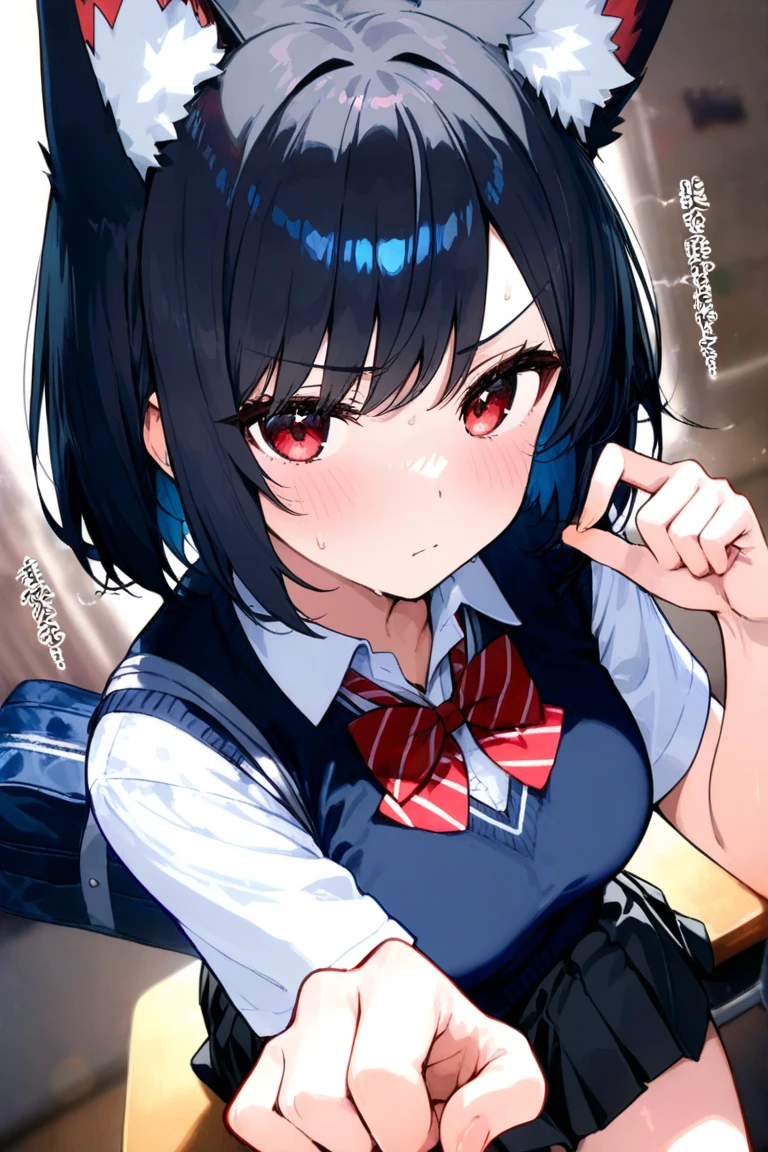 looking ahead,from above,kneel,handjob,side view,face focus,open mouth,tongue out,cum on tongue,lick,(1girl,Beautiful 14 year old girl),((Slender,Small breasts,Baby Face,Small face,)),looking at viewer,Black Hair,bangs,two side up,Gray Eyes,Drooping eyes,slit pupils,narrow eyes,,Short sleeve shirt,Red tie,Navy blue mini skirt,Navy blue socks,Beautiful and detailed anime art,Mischievous smile,Dimly lit room,Simple Background,Gray background,Low lighting