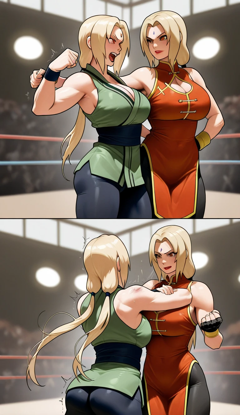 two cute, blonde american high school girl fighters are fighting so hard. They are twin sisters. They are both wearing small bikinis. They are both built sexy and curvy. they are beating each other in a ring. she is groggy. she is defeated. shortness of breath, drool from her mouth, groggy eyes, exhaustion, and sweat soaked. spent. The girl on the left has a cut in her forehead. The girl on the left has crimson streaking down her moaning face.