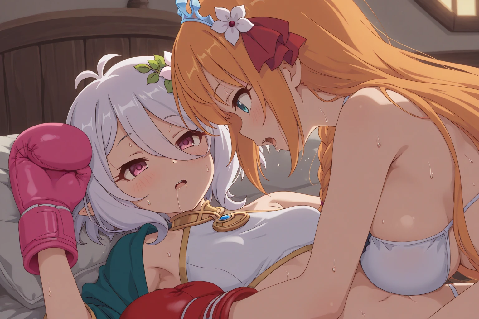 anime scene, 2 girls having sex, (2 women), hentai, on top of each other, having fun, horny, big breasts