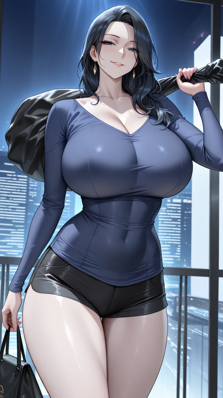 (best quality:1.5, highres, UHD, 4K, detailed lighting, shaders), white and blue haired, gradient hair, large breasts, suit, gray shirt, social shirt, short skirt, mature woman , (pov), white background, colorful eyeshadow, dramatic lighting, sparkling eyes, sensual expression, golden earrings, flowing hair, delicate facial features, dark skin, high cheekbones, raining, urban setting, white background, dont look for the camera, lean forward, wet by the rain.