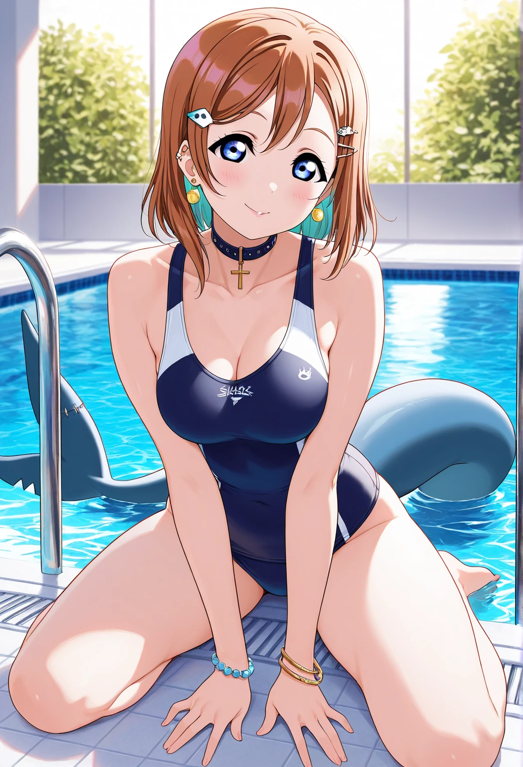 Kousaka honoka, happy, swimsuit, blue eyes, sitting on chair inside pool with her legs under water, from behind, looking at viewer,sunny day,sexy, llchar