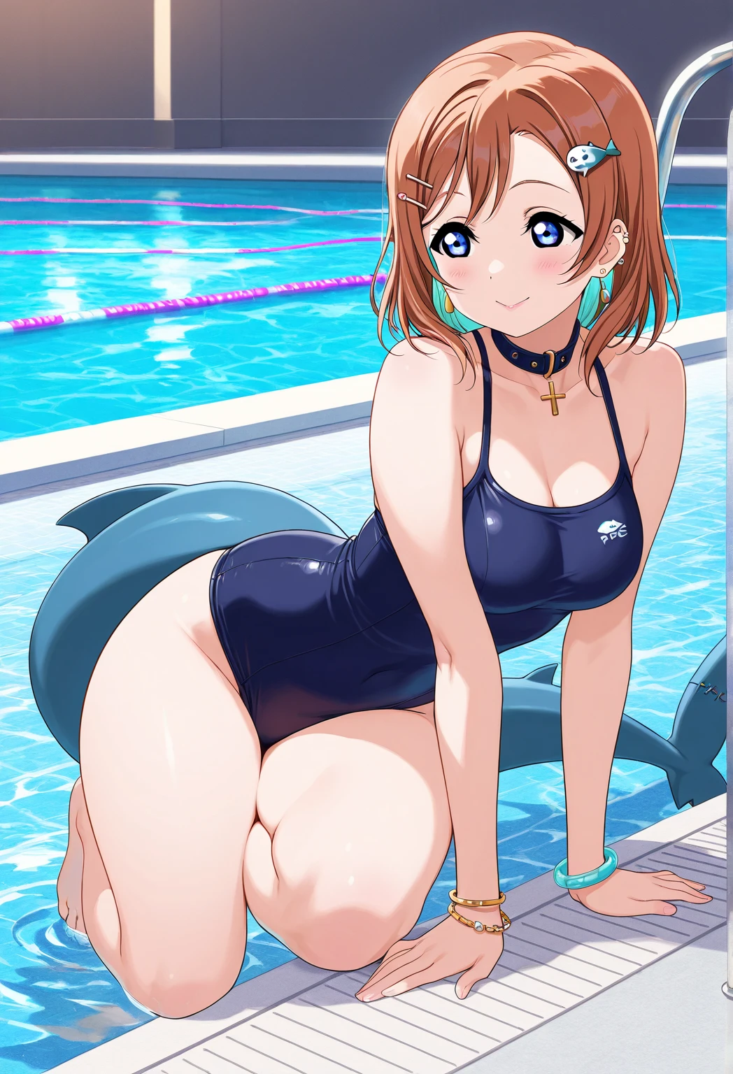 watanabe you, blue eyes, love live! sunshine!!, thick, sweat, sexual excitement, gravure, nsfw, competition swimsuit, shy, anime painting, gravure, bend over, poolside, smile, looking back, showoff
