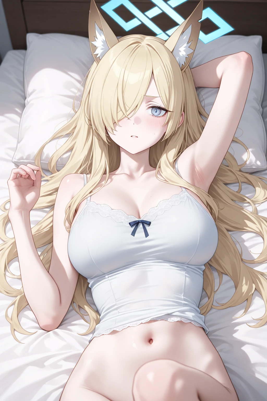 score_9, score_8_up, source_anime, 1girl, solo, KaminariQpi, orange eyes, dark skin, blonde hair, long hair, swept bangs, low twintails, lying on back, hand on own , bed, black lingerie, see-through, <lora:ChamKaminariQpiPonyXL:1>
