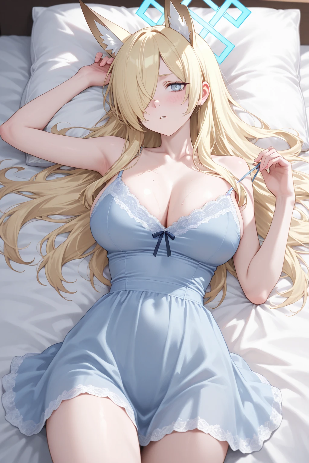 A girl with big ,Alice漫游仙境,fairy tales,((Alice)),Light blond long hair,Blue Eyes,Well-behaved and cute,Lace underwear,Lying in bed,