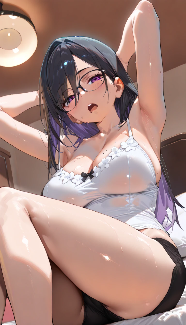 highest quality,wonderful,finely,extremely detailed CG Unity 8K wallpaper, (1 girl, blue eyes), ((largest breast)),(huge breasts:1.2), (black school swimsuit:1.3), (bare shoulders:1.1), (clavicle:1.1), (semen:1.2), (loli:1.5),(sperm:1.2), (zettai ryouiki:1.2),(constriction:1.2), (Are squatting:1.2),(Nipples),(Nipples visible),  ((cum,sperm,semen)),(((cum on face))),((ejaculation semen)),((ejaculation cum)),(((bukkake))),purple hair,arms up,armpit,locker room,(((cum on body))),(((sukumizu))),Glasses,
