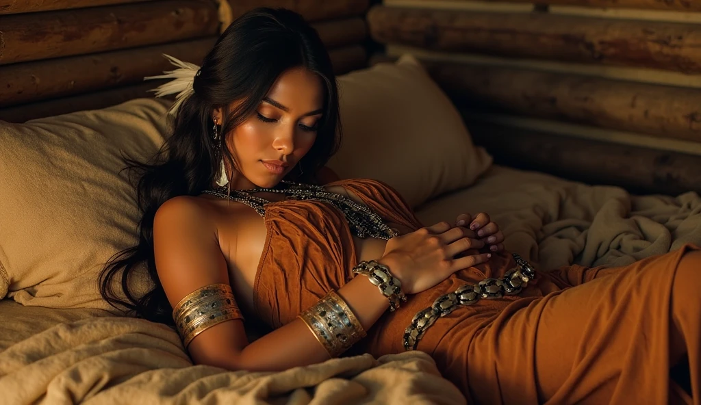 Elsa 1883, stockings, topless, oregon trail, indian tribe background