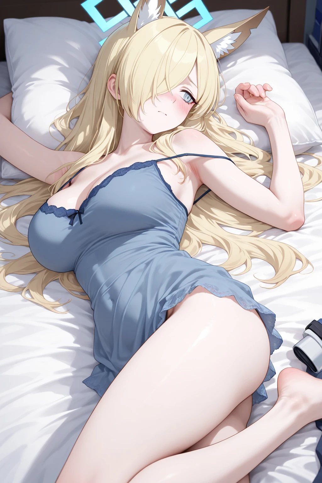 1 girl, kneeling on floor, long hair, bangs, blue eyes, hair between eyes, blonde hair, twintail, wearing sexy clothes, big breast, cleavage, BREAK indoors, bed, BREAK looking at viewer, (cowboy shot:1.5), BREAK (masterpiece:1.2), best quality, high resolution, unity 8k wallpaper, (illustration:0.8), (beautiful detailed eyes:1.6), extremely detailed face, perfect lighting, extremely detailed CG, (perfect hands, perfect anatomy), full body illustration