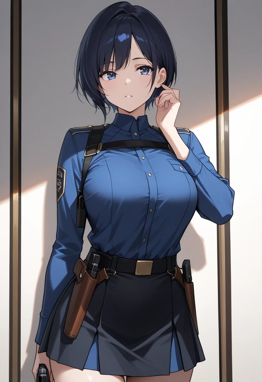 ((Finest quality)),(超A high resolution),(ultra-detailliert),(Meticulous portrayal),((Best CG)),(Finest works of art),Ultra-Precision Art,The art of astounding depiction, (Female Military Personnel:1.5),(A dark-haired,short-cut),Tight military uniform,tight skirts,Black stockings
