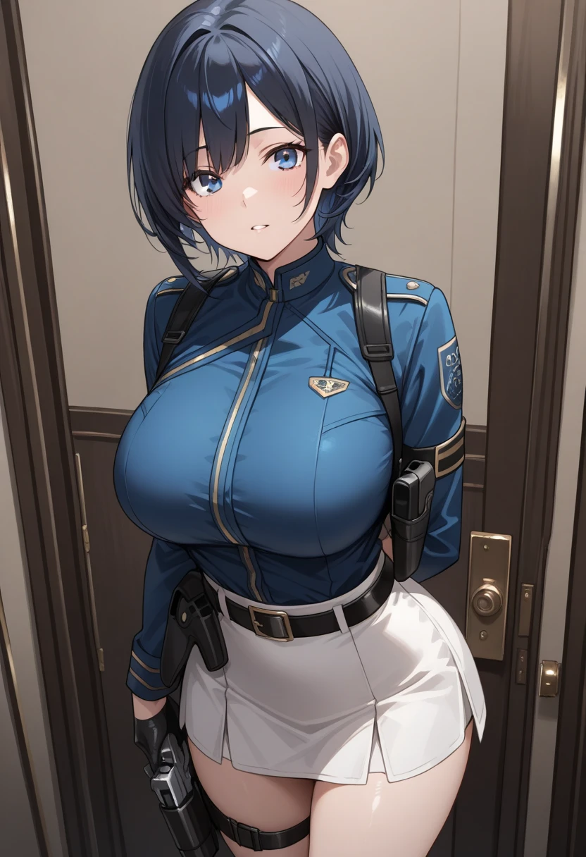 baltimore, <lora:baltimoretest:1>,
baltimore, brown hair, (yellow eyes:1.5), braid, ahoge, short hair, french braid, hair between eyes, bob cut,
BREAK black gloves, black panties, blue bra, blue footwear, blue headwear, blue shorts, boots, bra, gloves, hat, highleg, highleg panties, navel, official alternate costume, panties, race queen, short shorts, shorts, shrug (clothing), single glove, thigh boots, underwear,
BREAK looking at viewer,
BREAK outdoors,
BREAK <lora:GoodHands-vanilla:1>, (masterpiece:1.2), best quality, high resolution, unity 8k wallpaper, (illustration:0.8), (beautiful detailed eyes:1.6), extremely detailed face, perfect lighting, extremely detailed CG, (perfect hands, perfect anatomy),
