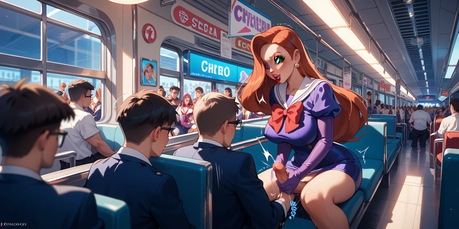 Full body image, ((bus crowded with several Men around Princess Zelda in Ultraman costume)), elderly hairy old man with glasses 90 years old bearded holding her from behind. She has huge breasts, red hair in the wind, green eyes light, her outfit has a black shirt with a white shot and a white corset. They are all around her to cover up the old man's actions. She is happy giving a beautiful smile and showing off. Anime style, 16k, max quality, max resolution, sharp focus, she is holding a book.