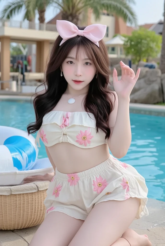 authentic style，hyperrealistic photo。a 19-year-old sweet and sexy Taiwanese girl，Paled face（No makeup），pink satin ribbon，Wearing a cool vest，Crop topping，Short skirt，view from the hips，sleeping in a hammock，a white long-haired cat next to her。background is a Villa pool。