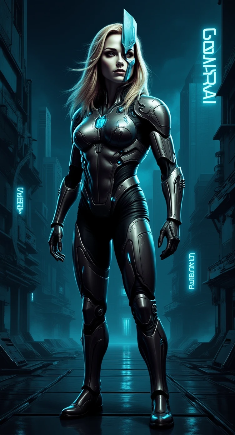cyberpunk portrait photography, beautiful young thai woman with blonde hair, bodybuilder physique, looking off camera in glowing futuristic, smile, superhero outfit, smiling, super realistic face, eyes visible through hair, proper eye position, natural skin, soft light, rim light, hips, in road side, detailed background, intricate , highly detail, octane render, HD, 8k, by Annie Leibovitz,120mm