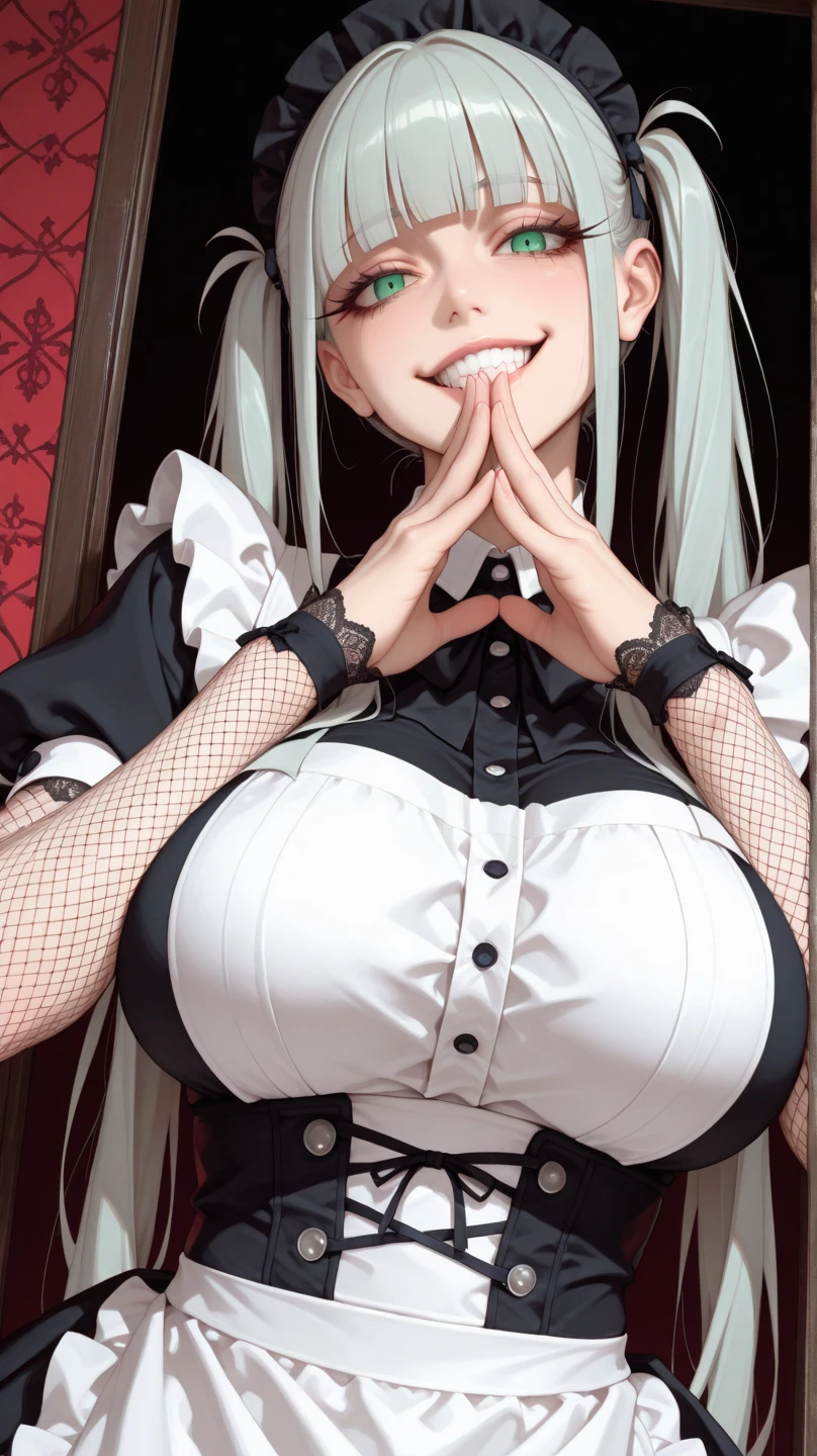 best quality, high resolution, large breasts, white hair, blush, embarrassed, cowboy shot, looking at viewer, Boosette, pink lip, (((dominatrix gothic outfit))), (((collar with chain))), (((chain between breasts)))