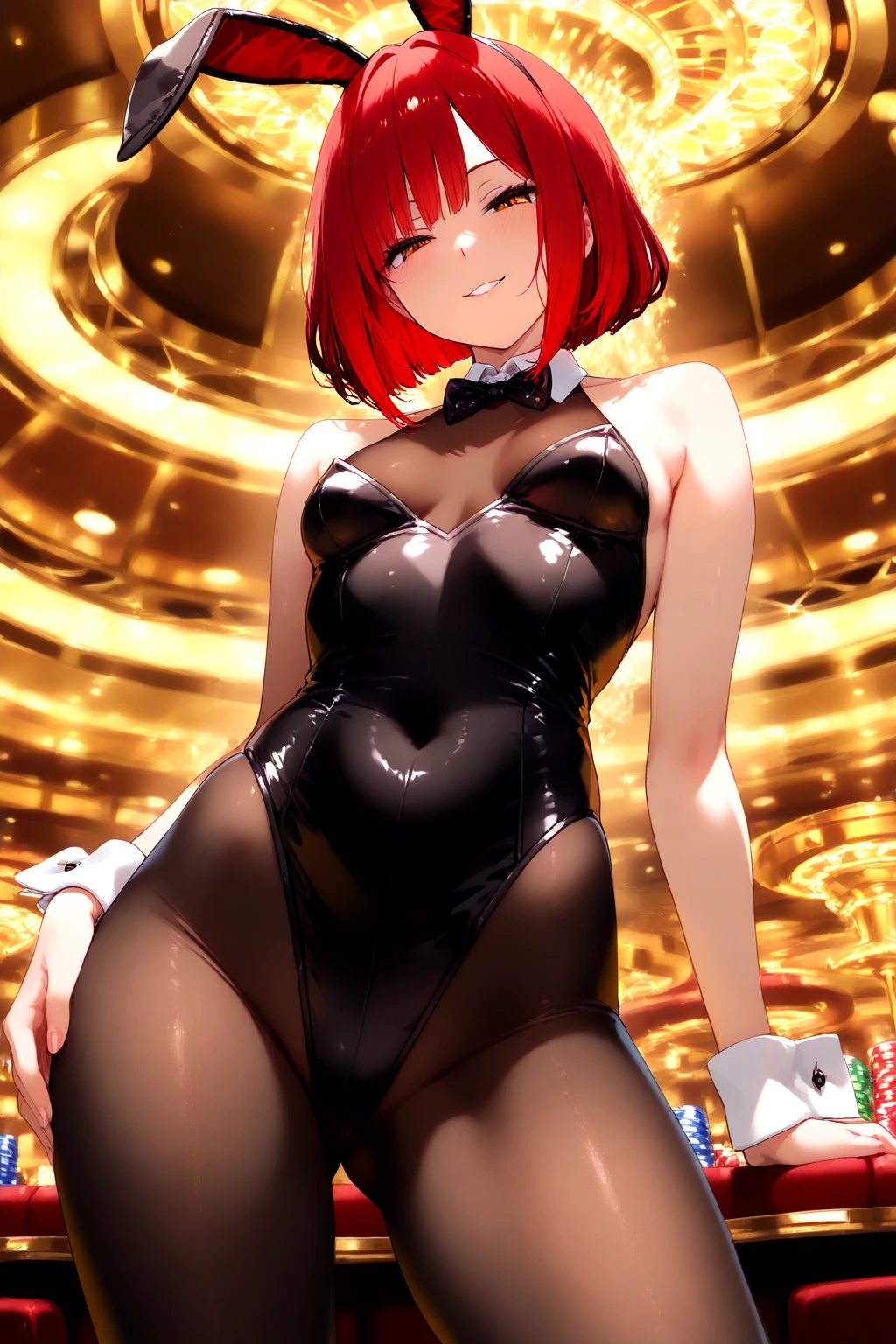 (masterpiece, best quality), 1girl, torn clothes, (torn) playboy bunny, photo session, fishnet legwear, orange hair, arms behind back,