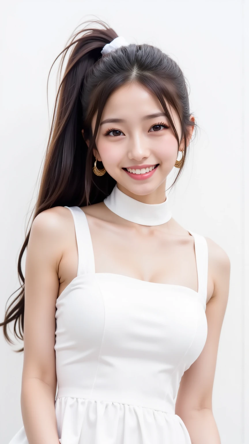 Chinese woman, Ningning, very long hair, black hair, straight hair, flat bangs hair, sexy woman, K-pop idol, Aespa K-pop, smiling, single woman, white colour tight strapless crop top tube top, white colour tight short pants, white heels