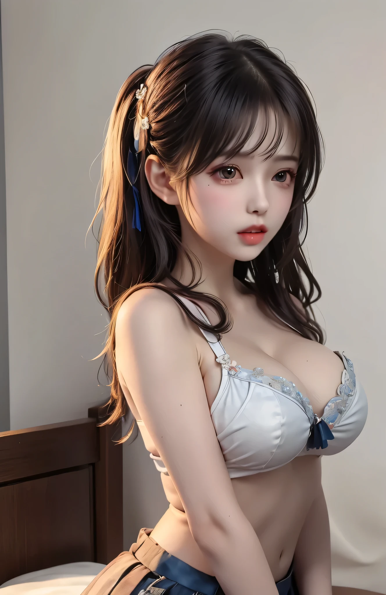 (Close-up:1.4)、(RAW photo:1.2)、(photorealistic:1.4)、(masterpiece:1.3)、(highest quality:1.4)、solo、(beautiful detailed eyes)、(charming big eyes)、(beautiful double eyelids)、(beautiful and detailed face)、natural makeup、long eyelashes、(gentle smile:1.2)、Transparent skin、(shiny skin)、(slender and beautiful girl)、(cute face)、(cute:1.2)、(gentle smile:1.2)、(beautiful breastedium breasts:1.3)、small face beauty、golden ratio、white crop top、jeans shorts、underboob、
