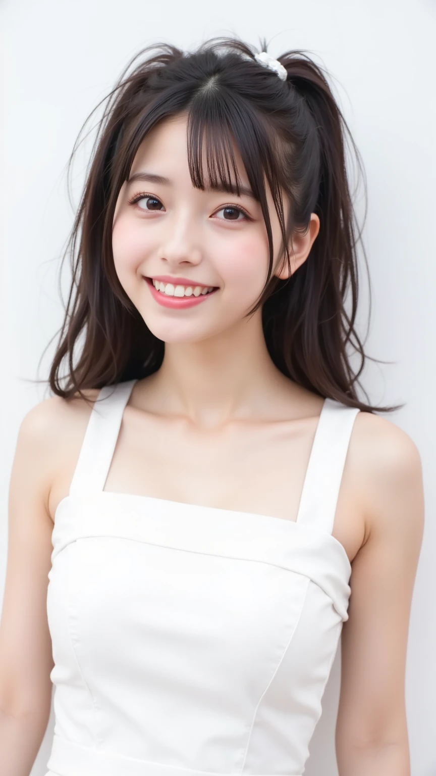 (A photo of your face:1.25), 6 years old, (Baby Face:1.4), (Round face:1.4), One Japanese woman, beautiful girl, Pretty face, (View your audience), (Standing facing the camera), (smile), (Beige tank top)、(Pure white background:1.2)