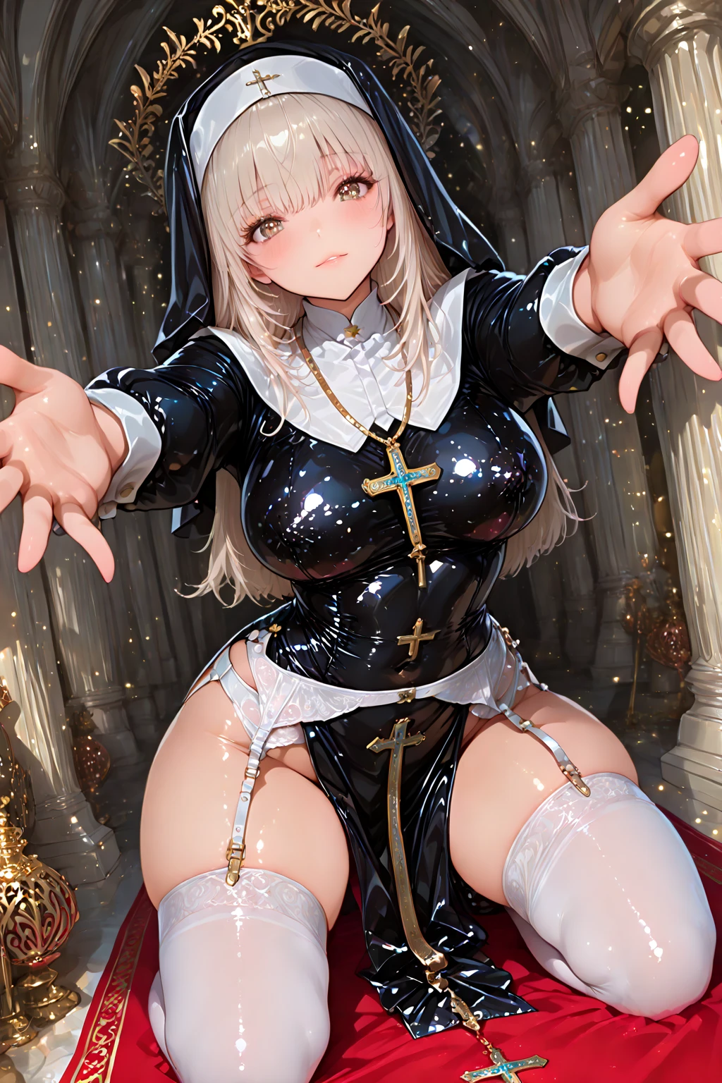 1 girl, Solitary, unyielding \(Blue Lane\), sitting, veil, nun, fake horns, Clothes lift, Black, between breasts, Hair between the eyes, Halo, Wide sleeves, Looking at the audience, Black gloves, , White, Smile, blush, Half closed eyes,Open your lips, (church)